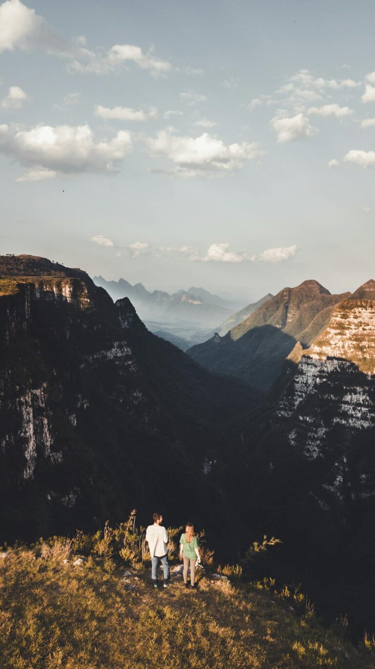 Stunning aerial landscape of Serra Catarinense with two hikers enjoying the view.